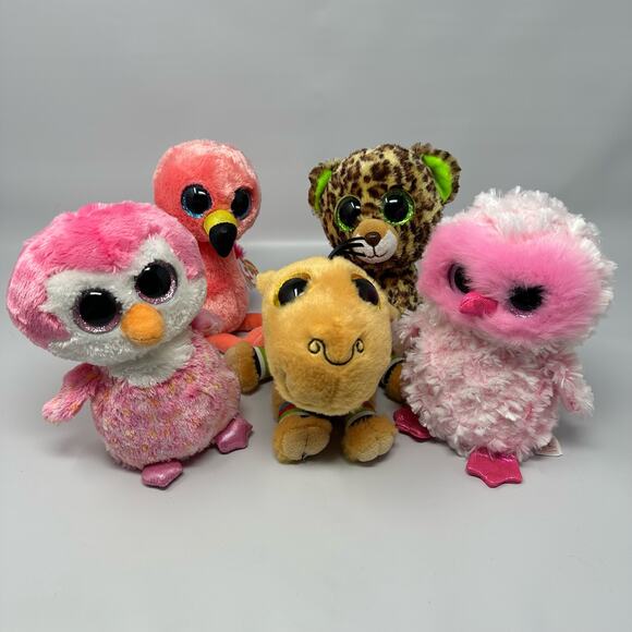 TY Beanie Boos Lot Of 5 Adorable Plush Stuffed Animals With Big Eyes Owl Leopard - Picture 1 of 16